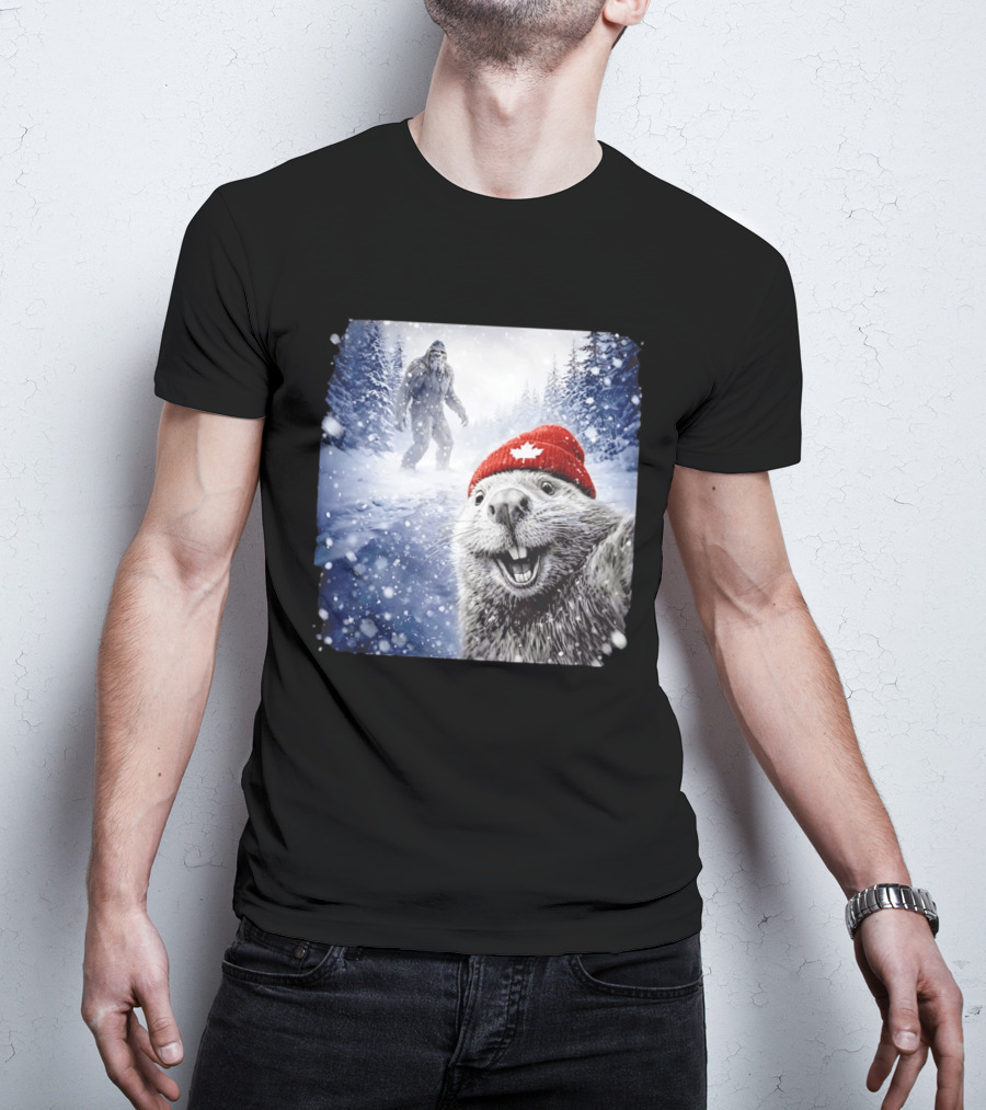 Beaver Selfie With Sasquatch In Snowy Canadian Forest T-Shirt