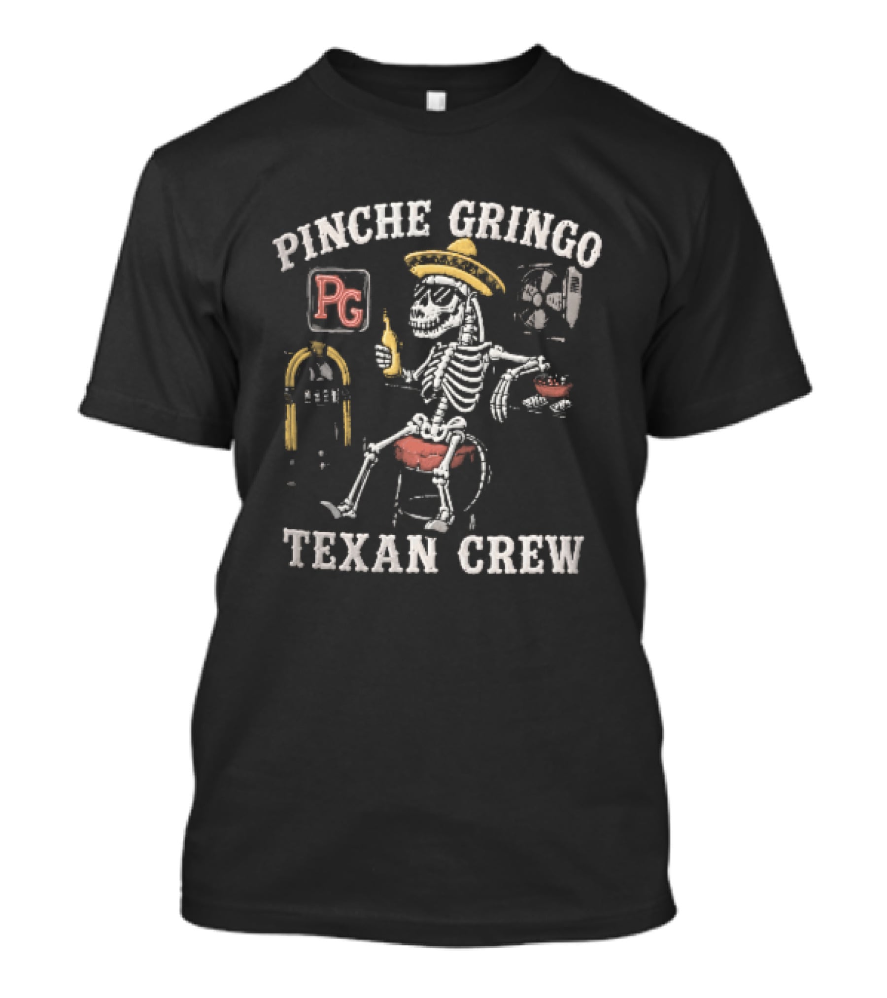 Pinche Gringo Texan Crew Skeleton Sombrero Jukebox Bar Beer T-Shirt