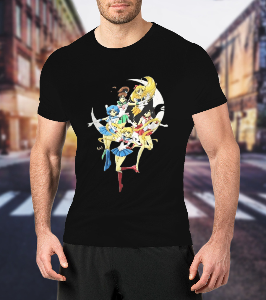 Sailor Moon Crescent Five Guardians Distressed Cartoon T-Shirt