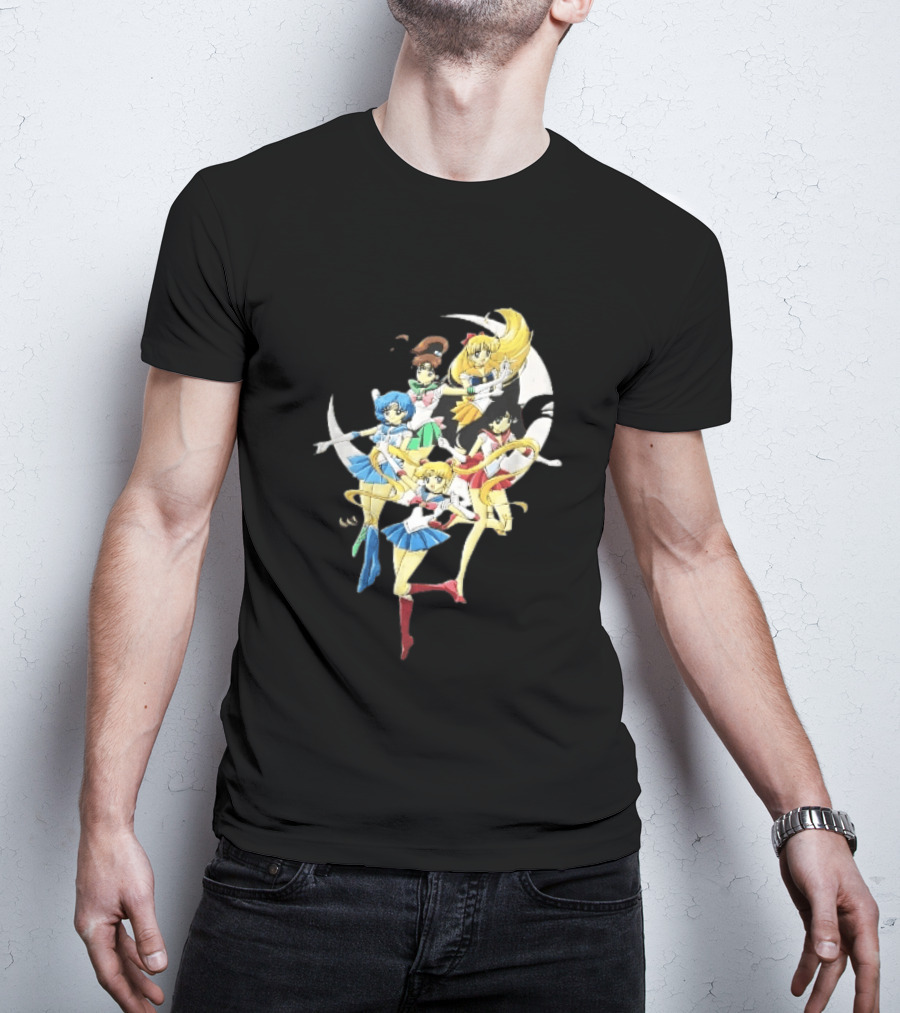 Sailor Moon Crescent Five Guardians Distressed Cartoon T-Shirt