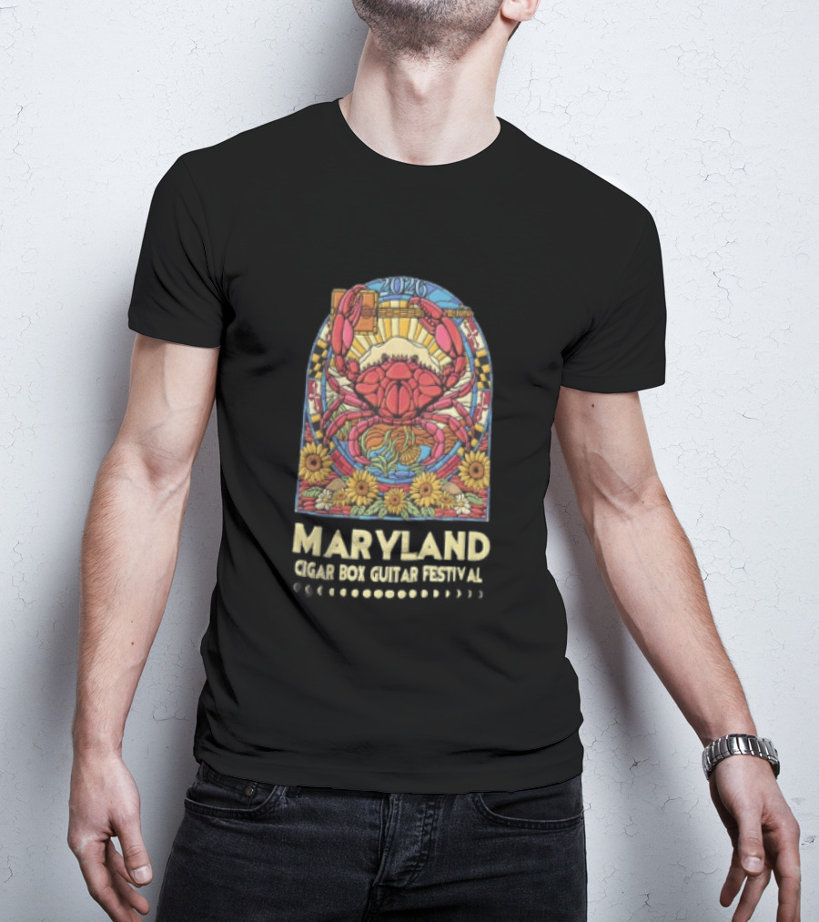 Maryland Cigar Box Guitar Festival 2026 Crab Stained Glass Sunflowers T-Shirt