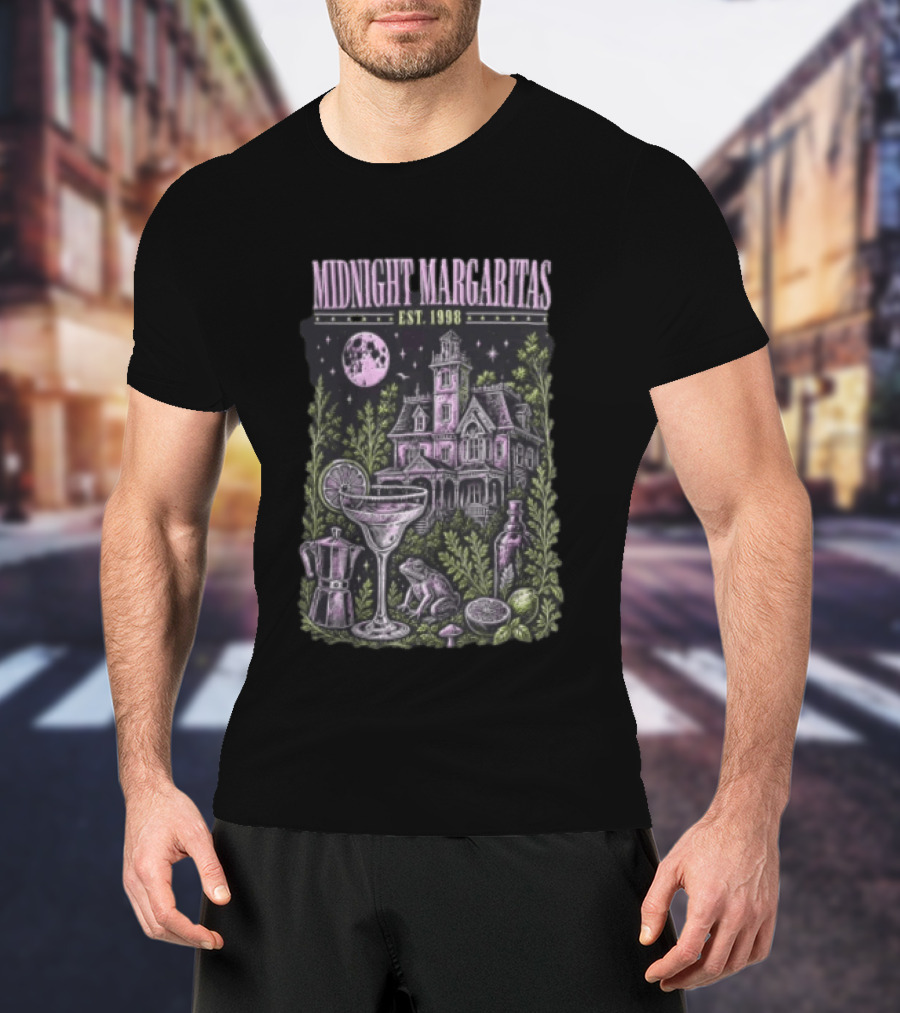 Midnight Margaritas Est 1998 Haunted Mansion Full Moon Frog Margarita Glass Lime Pestle Botanical T-Shirt