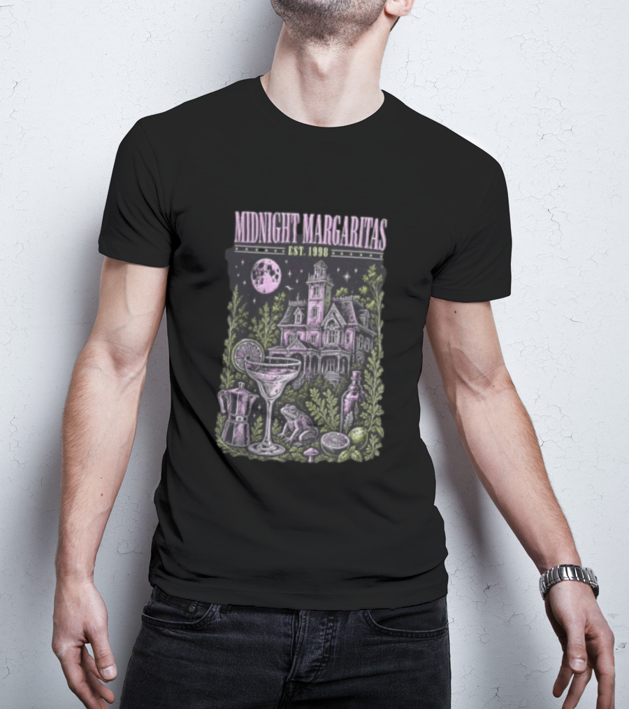 Midnight Margaritas Est 1998 Haunted Mansion Full Moon Frog Margarita Glass Lime Pestle Botanical T-Shirt