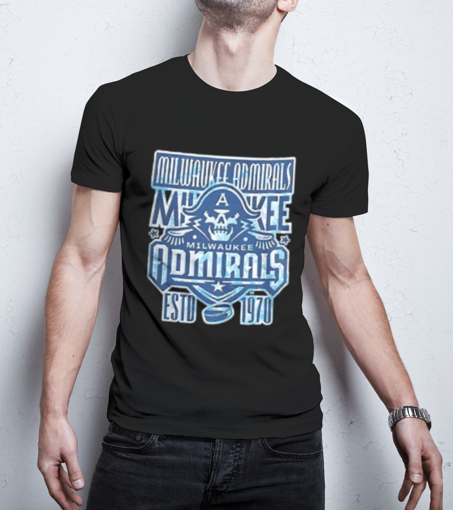 Milwaukee Admirals Estd 1970 Skull Hockey Puck Distressed Navy Blue T-Shirt