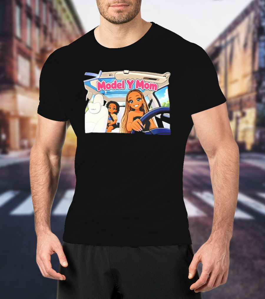 Model Y Mom Cartoon Driving Scene In Tesla T-Shirt