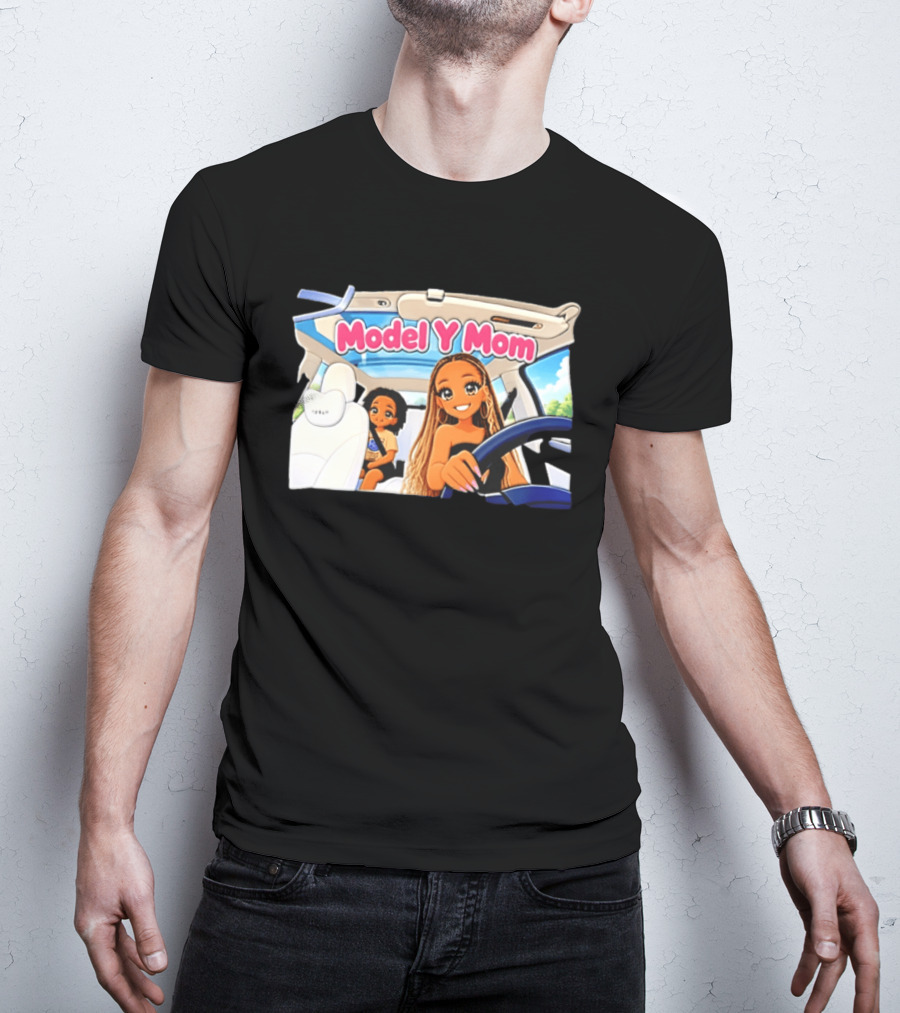 Model Y Mom Cartoon Driving Scene In Tesla T-Shirt