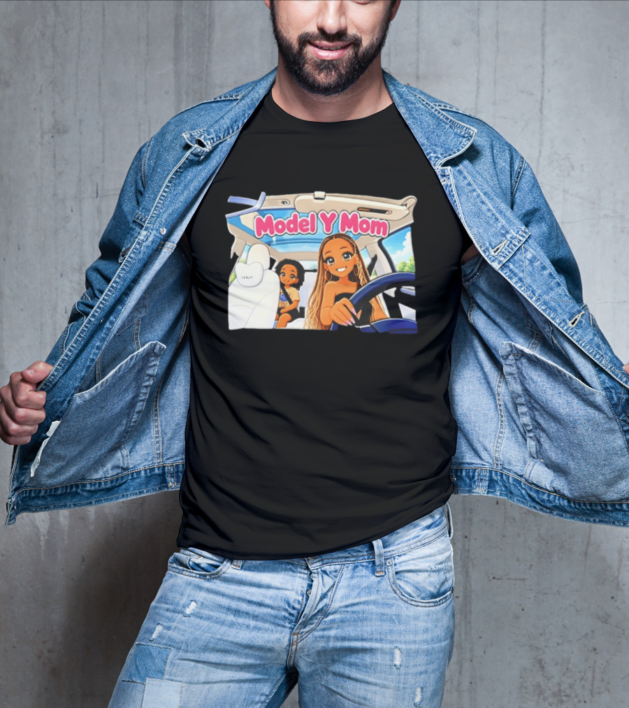 Model Y Mom Cartoon Driving Scene In Tesla T-Shirt
