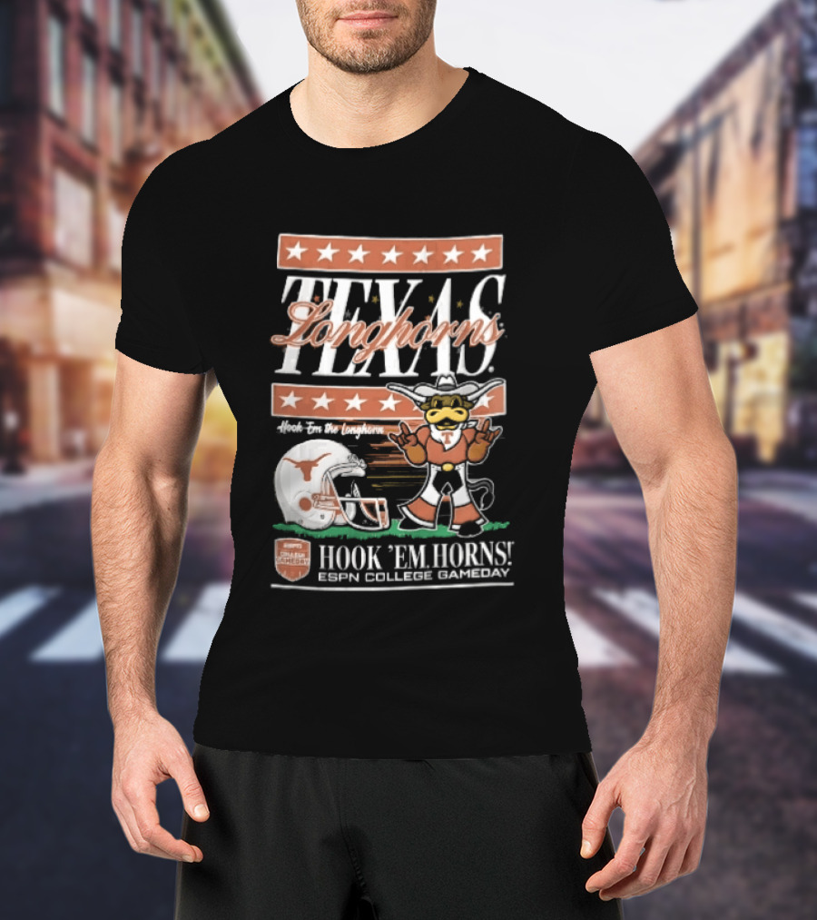 Texas Longhorns Hook Em Horns ESPN College Gameday Football Helmet Cartoon T-Shirt