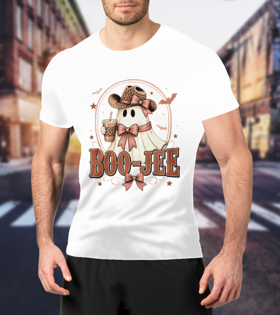 Boo Jee Leopard Cowboy Ghost Iced Coffee Halloween T-Shirt