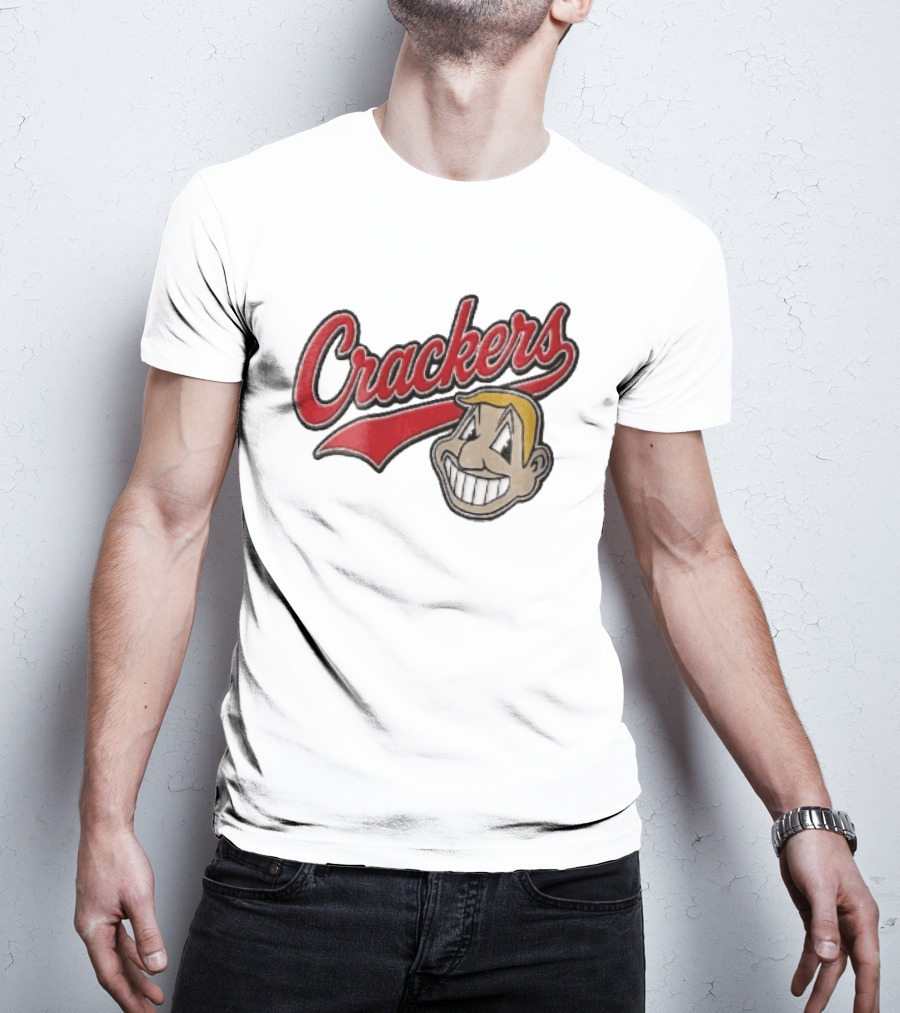 Crackers Cartoon Caricature Blonde Man Big Teeth Smile Red Script T-Shirt