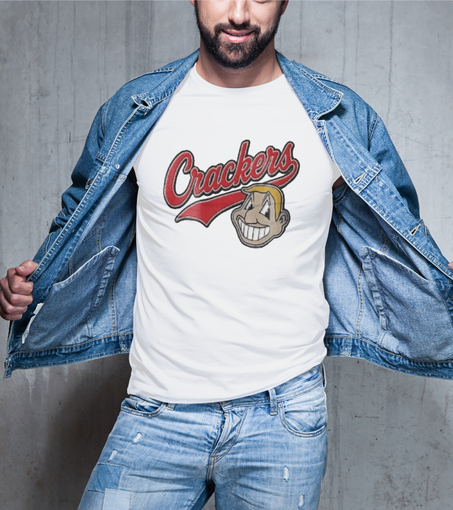 Crackers Cartoon Caricature Blonde Man Big Teeth Smile Red Script T-Shirt