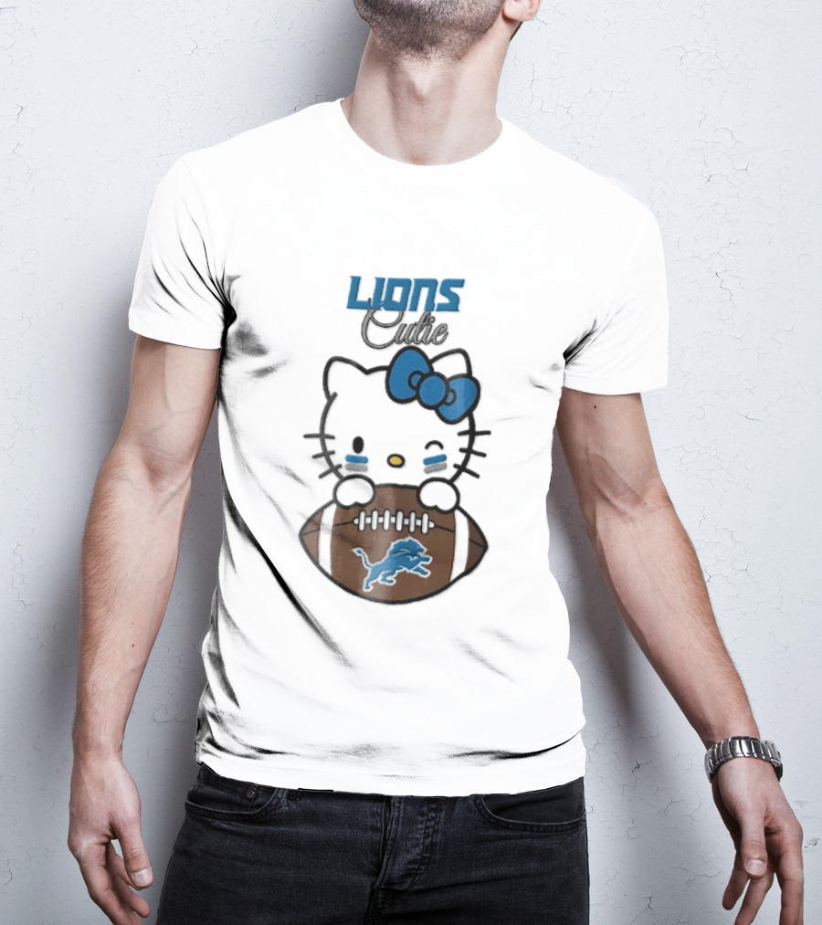 Detroit Lions Cute Cartoon Cat With Blue Bow Face Paint Football T-Shirt