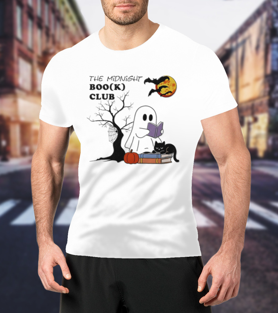 The Midnight Boo(k) Club Halloween Ghost Cat Pumpkin Moon T-Shirt