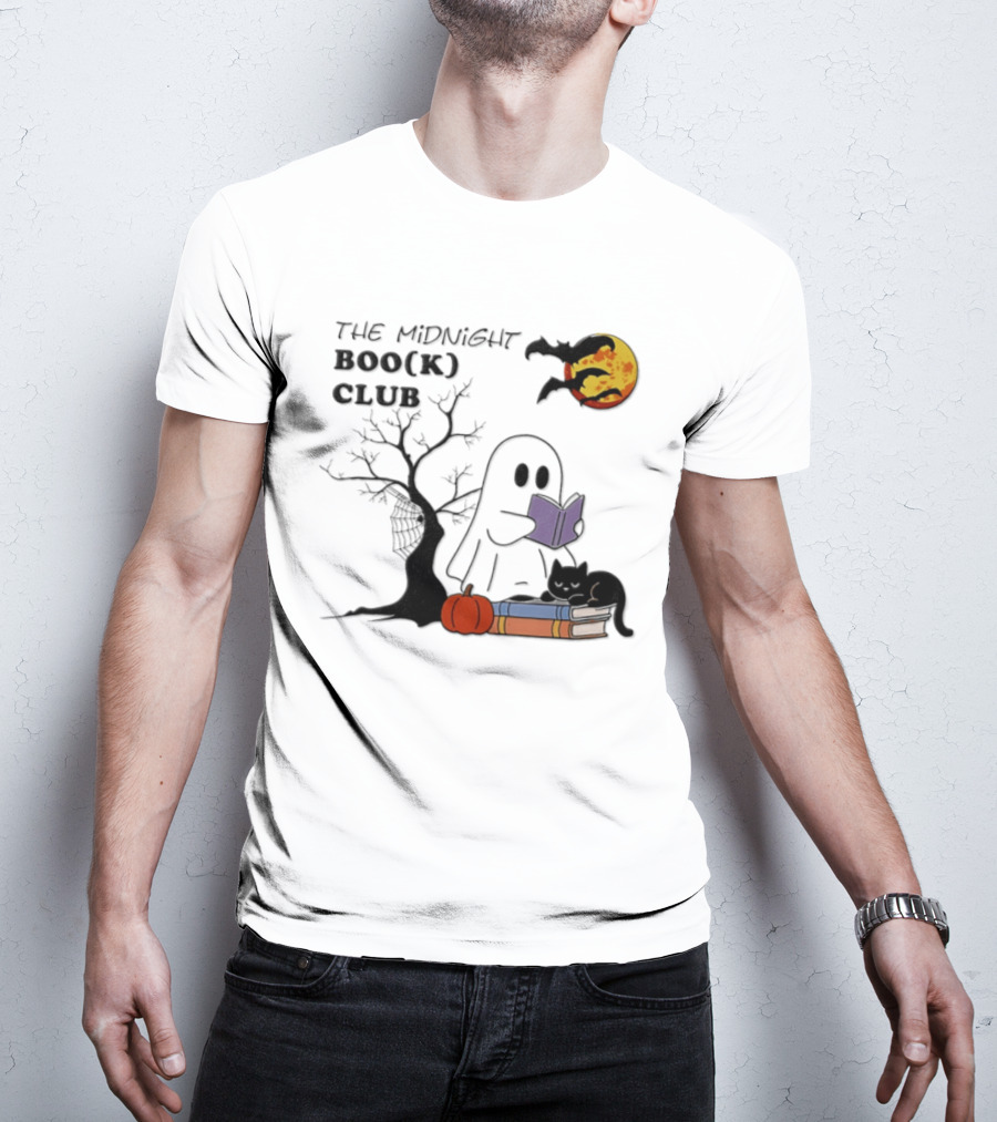 The Midnight Boo(k) Club Halloween Ghost Cat Pumpkin Moon T-Shirt