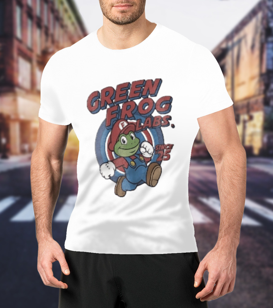Green Frog Labs Since 25 Cartoon Running Red Cap Blue Overalls T-Shirt
