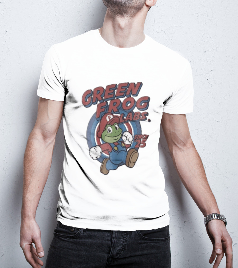 Green Frog Labs Since 25 Cartoon Running Red Cap Blue Overalls T-Shirt