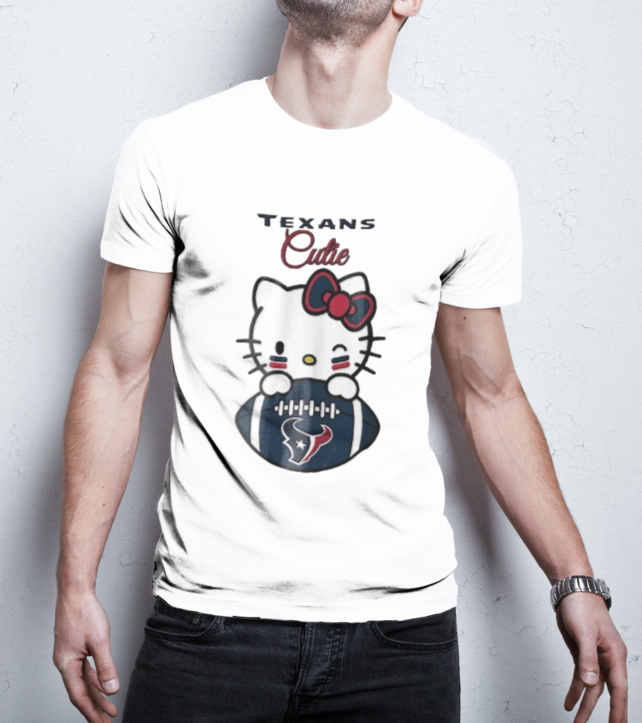 Texans Cutie Cartoon Cat Red Bow Winking Football T-Shirt