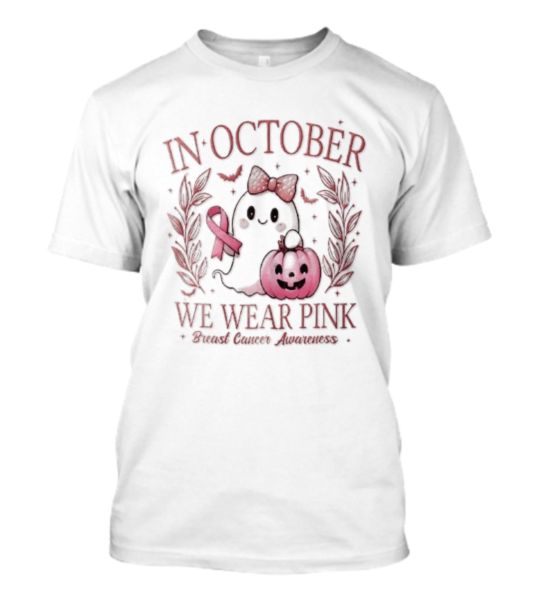 In October We Wear Pink Breast Cancer Awareness Ghost Bow Ribbon Pumpkin T-Shirt