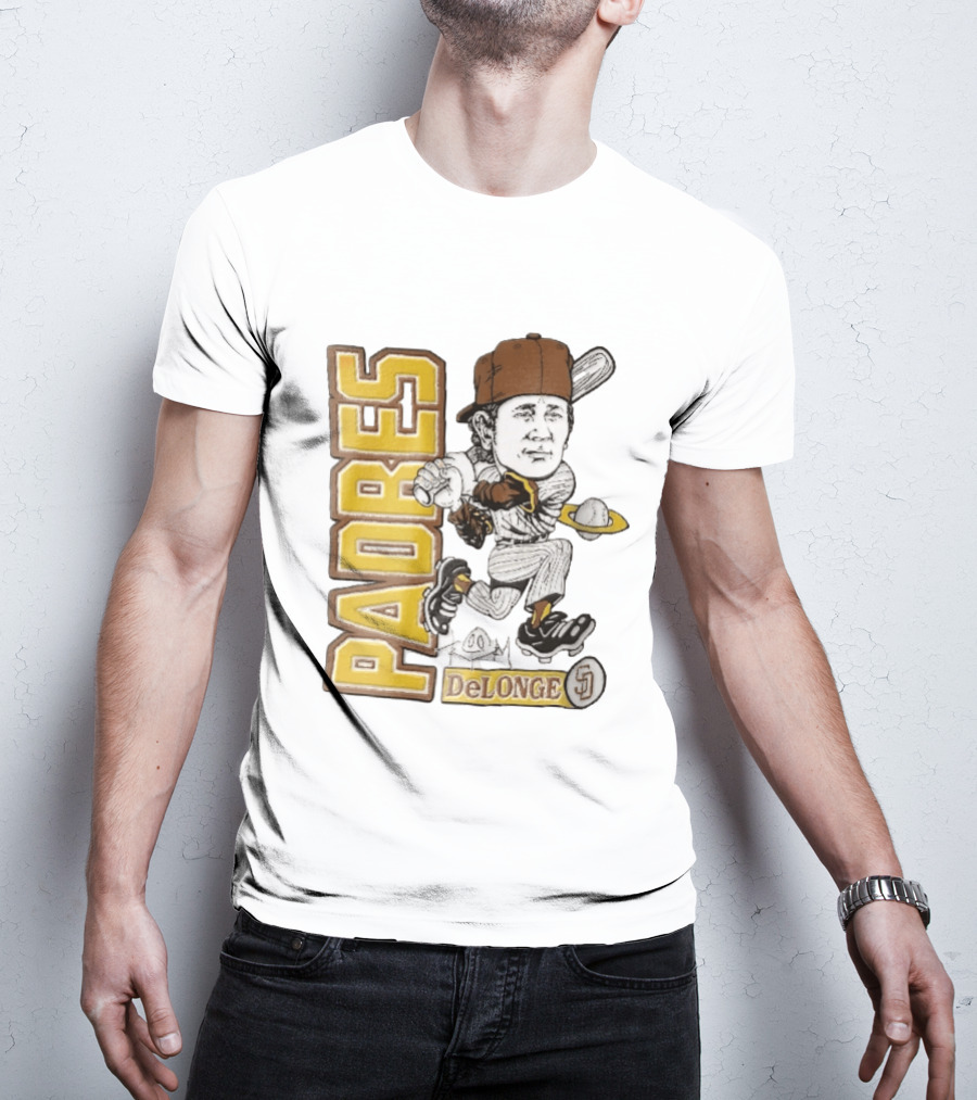 San Diego Padres DeLonge Cartoon Caricature Batter With Orbit Baseball T-Shirt