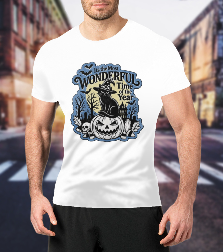 It's The Most Wonderful Time Of The Year Witch Cat Pumpkin Halloween T-Shirt