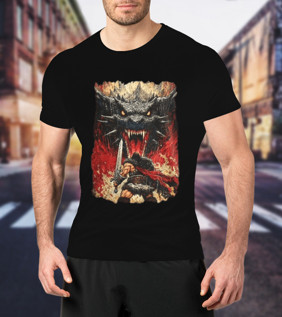 Barbarian Warrior Sword Battle Roaring Dragon Fiery Flames Art Ink Line T-Shirt