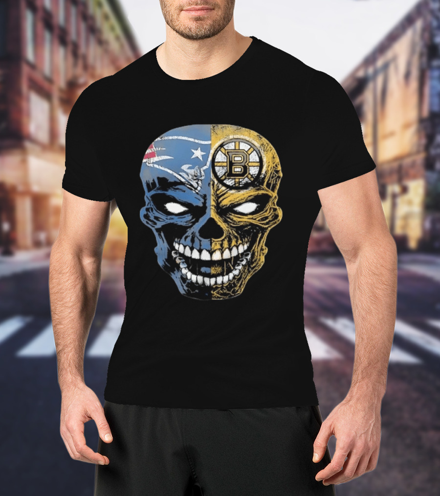 Boston Sports Skull New England Patriots Boston Bruins Fan Fusion T-Shirt