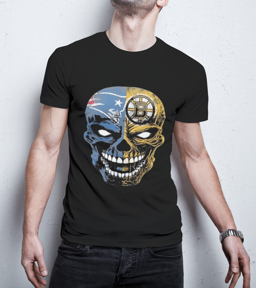 Boston Sports Skull New England Patriots Boston Bruins Fan Fusion T-Shirt