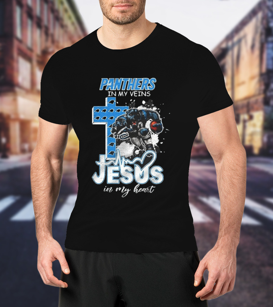 Panthers In My Veins Jesus In My Heart Carolina Football Athlete Cross T-Shirt