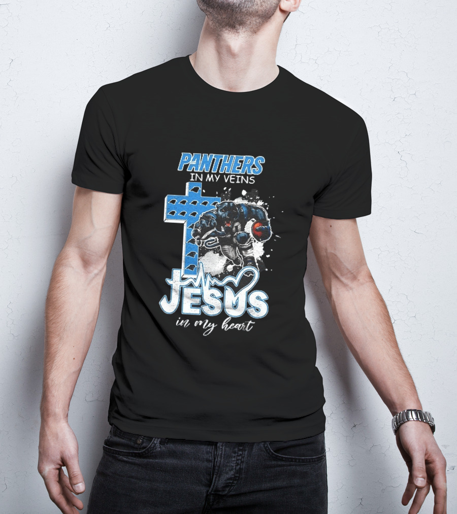 Panthers In My Veins Jesus In My Heart Carolina Football Athlete Cross T-Shirt