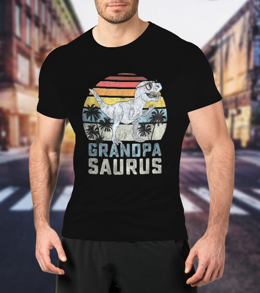 Grandpa Saurus Dinosaur Sunglasses Sunset Palms T-Shirt