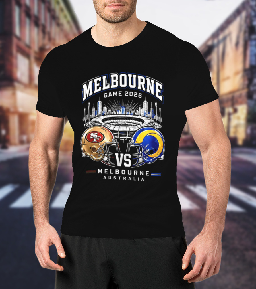 Melbourne Game 2026 San Francisco 49ers Vs Los Angeles Rams Australia Helmets T-Shirt