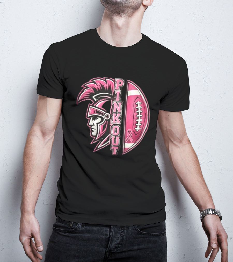 Maroa Forsyth Trojans Pink Out Football Helmet Breast Cancer Awareness Ribbon T-Shirt