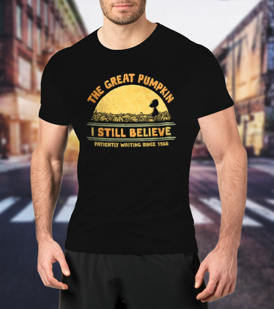 The Great Pumpkin I Still Believe Patiently Waiting Since 1966 Yellow Moon Snoopy Silhouette Distressed T-Shirt