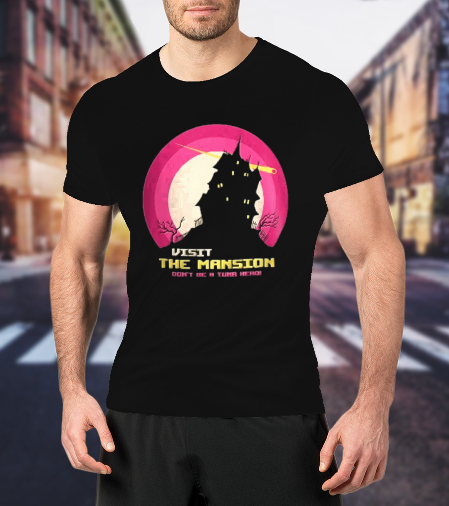 Visit The Mansion Don't Be A Tuna Head Pixel Spooky House Moon Skeleton Trees Yellow Meteor T-Shirt