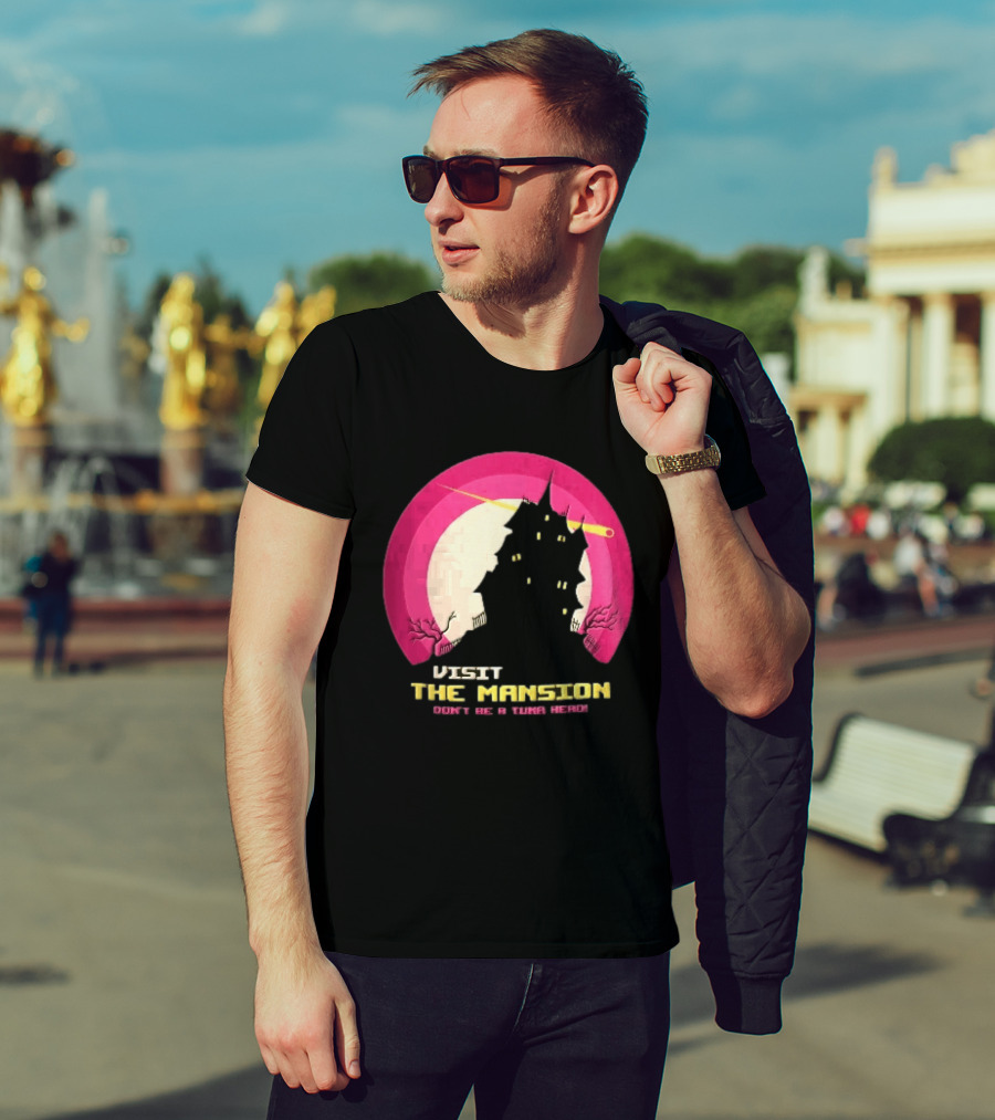 Visit The Mansion Don't Be A Tuna Head Pixel Spooky House Moon Skeleton Trees Yellow Meteor T-Shirt