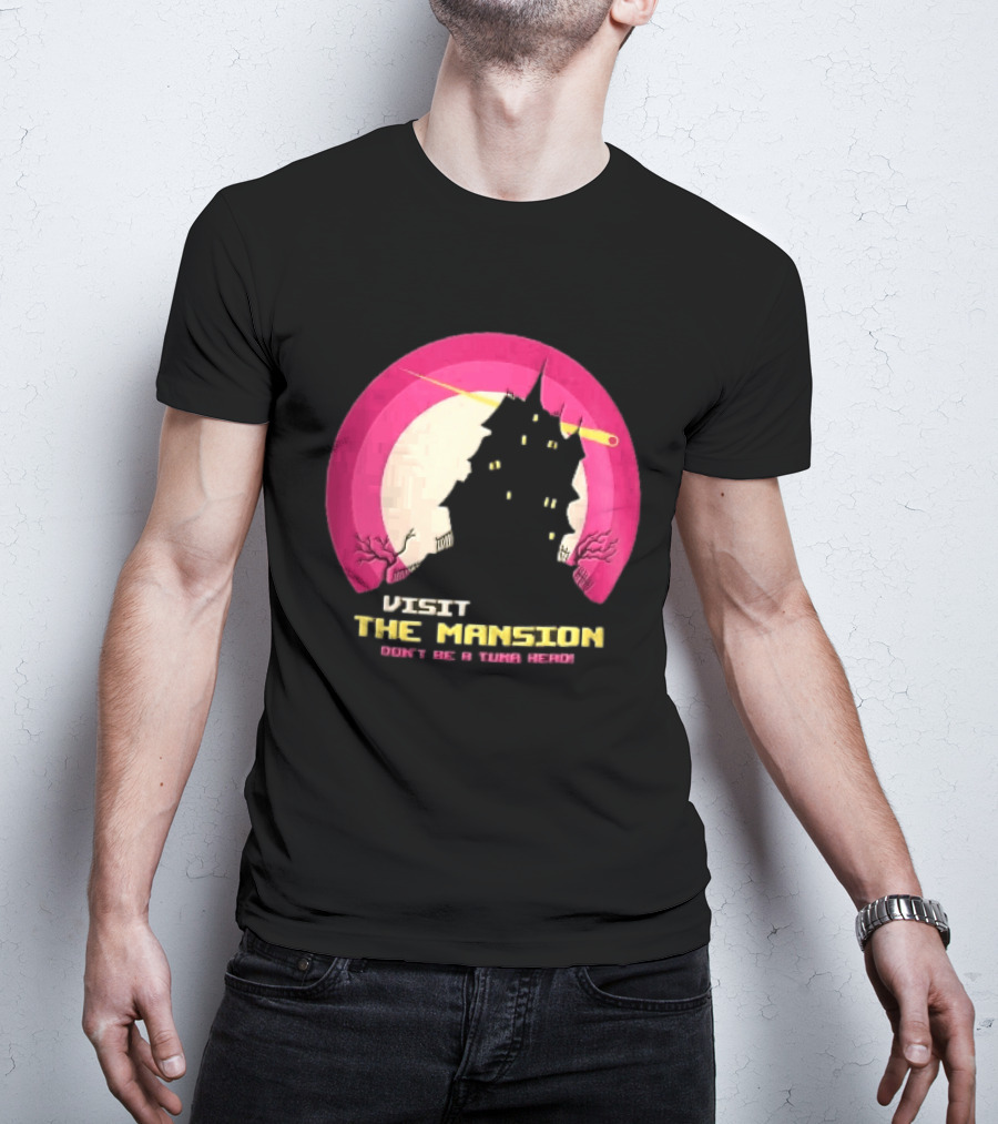 Visit The Mansion Don't Be A Tuna Head Pixel Spooky House Moon Skeleton Trees Yellow Meteor T-Shirt