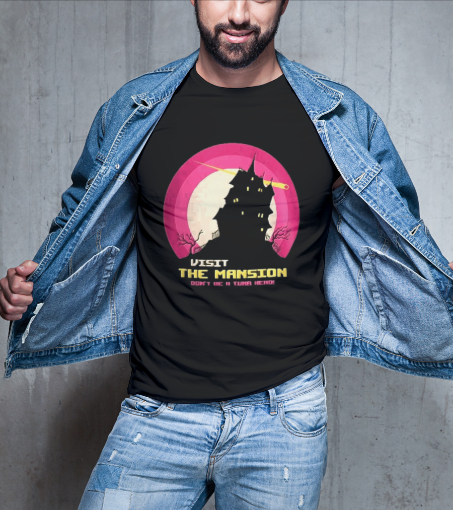 Visit The Mansion Don't Be A Tuna Head Pixel Spooky House Moon Skeleton Trees Yellow Meteor T-Shirt