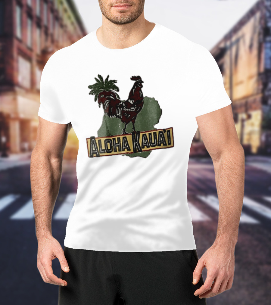 Aloha Kauai Red Rooster Palm Tree Island Map T-Shirt