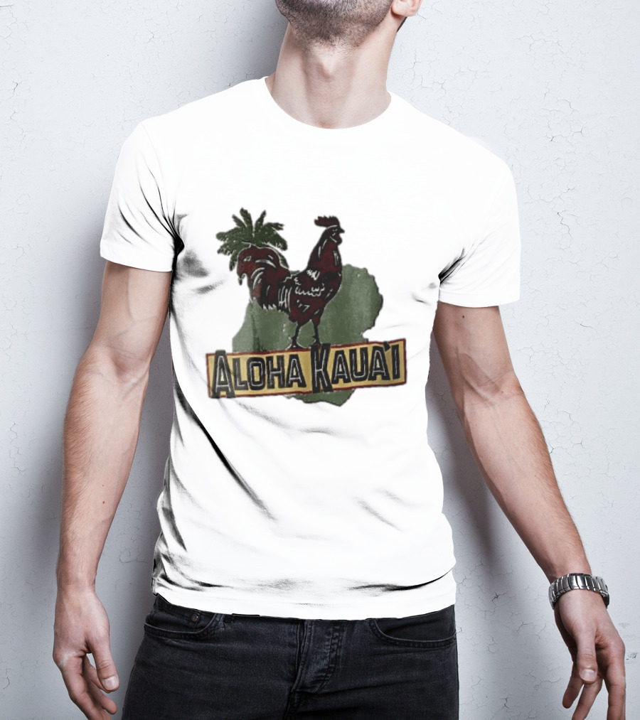 Aloha Kauai Red Rooster Palm Tree Island Map T-Shirt