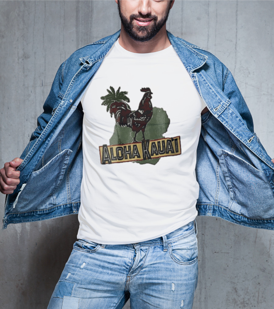 Aloha Kauai Red Rooster Palm Tree Island Map T-Shirt