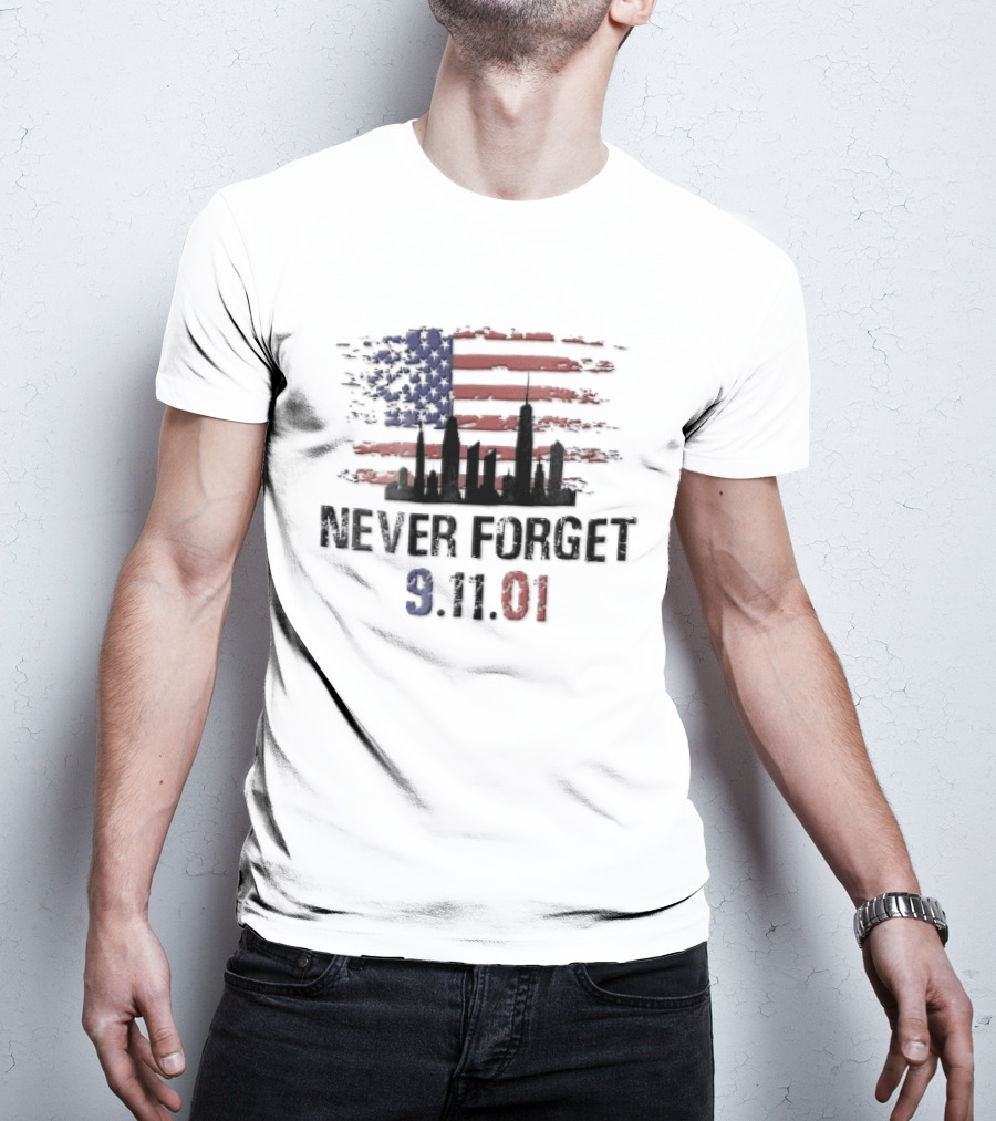 Never Forget 9 11 01 Distressed American Flag NYC Skyline T-Shirt
