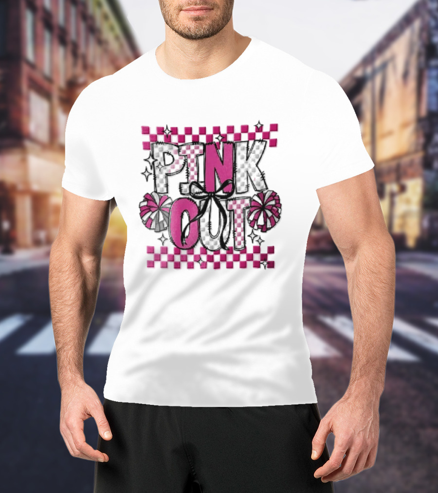 Pink Out Checkerboard Cheerleader Pom Poms Black Ribbon Bow Sparkles T-Shirt