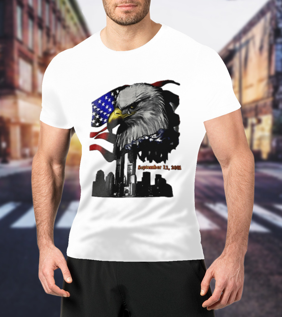 September 11 2001 Twin Towers New York Skyline Crying Bald Eagle American Flag T-Shirt