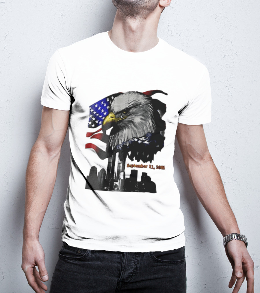 September 11 2001 Twin Towers New York Skyline Crying Bald Eagle American Flag T-Shirt