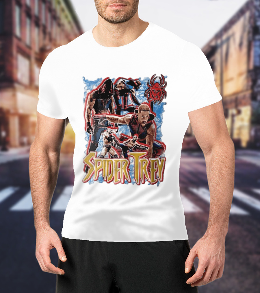 Spider Trey Professional Wrestler Action Collage With Blue Smoke And Red Spider T-Shirt