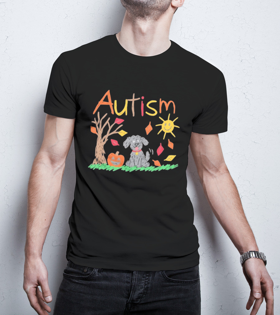 Autism Awareness Fall Puppy Pumpkin Autumn Leaves Sun Drawing T-Shirt