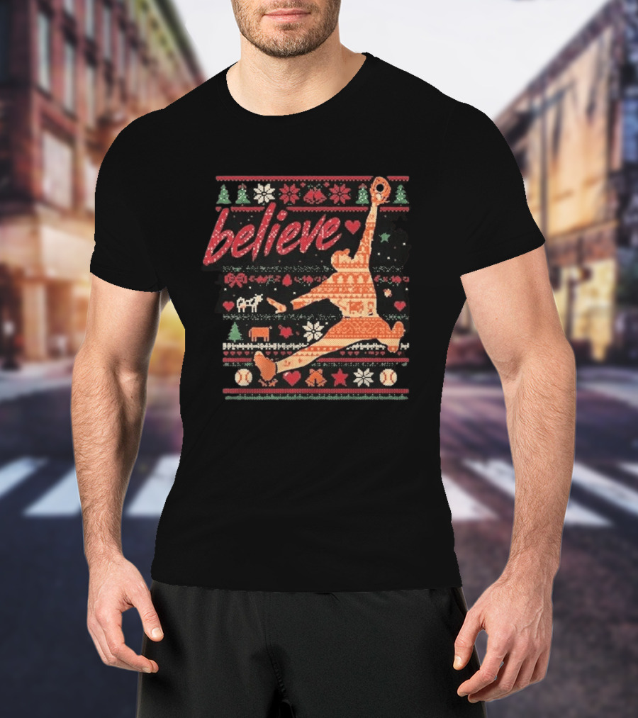 Believe Orioles Air Cowser Ugly Christmas Festive Sweater Baseball Catch T-Shirt