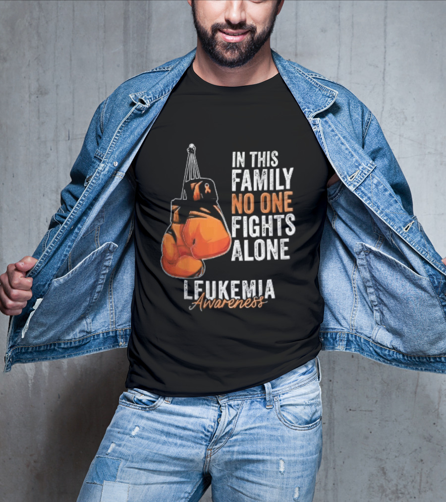 In This Family No One Fights Alone Leukemia Awareness Orange Boxing Gloves T-Shirt