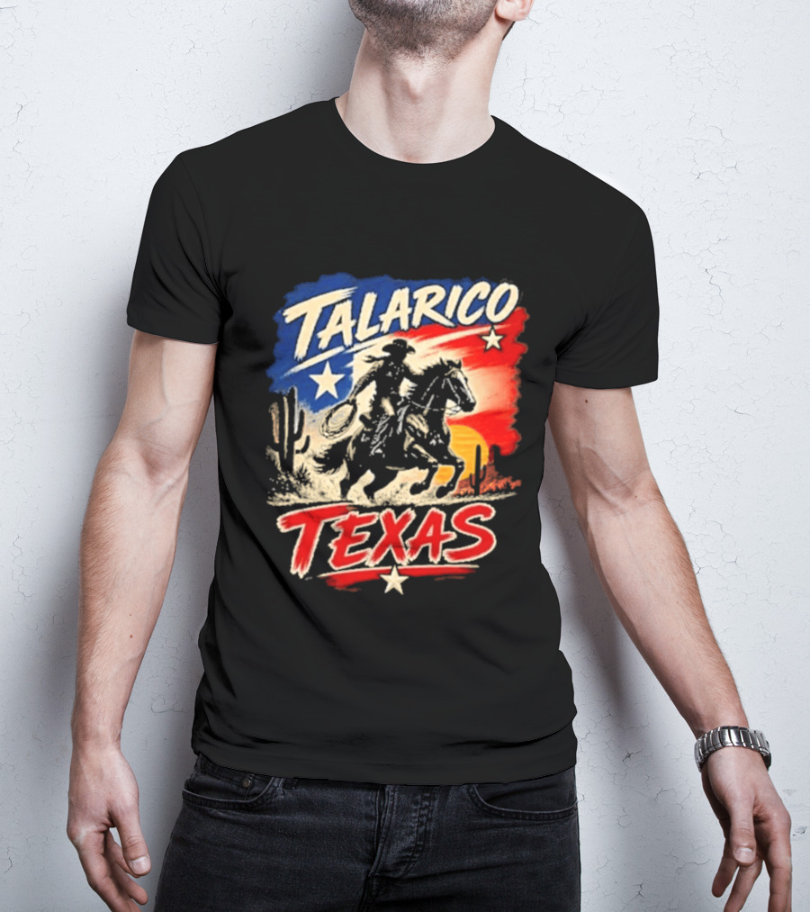 Talarico Texas Cowboy Riding Silhouette With Lone Star And Cactus T-Shirt
