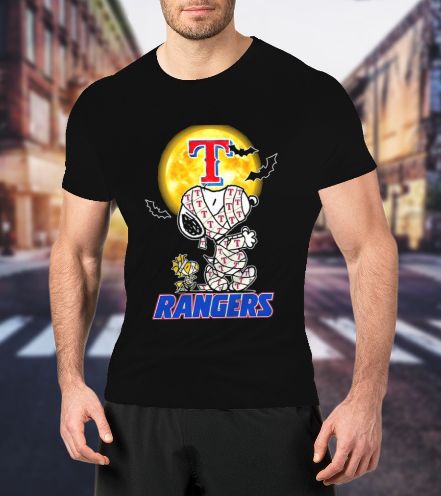 Texas Rangers Snoopy Woodstock Mummy Halloween Collaboration T-Shirt